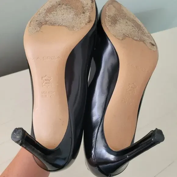 Via Spiga Black Patent Leather Stiletto Heels Double Buckle Pumps 9.5 - Picture 5 of 14